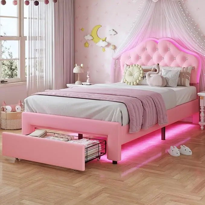 Twin Size Girl Bed with Storage Drawer & LED Lights,Adjustable Headboard with Velvet Crystal Button