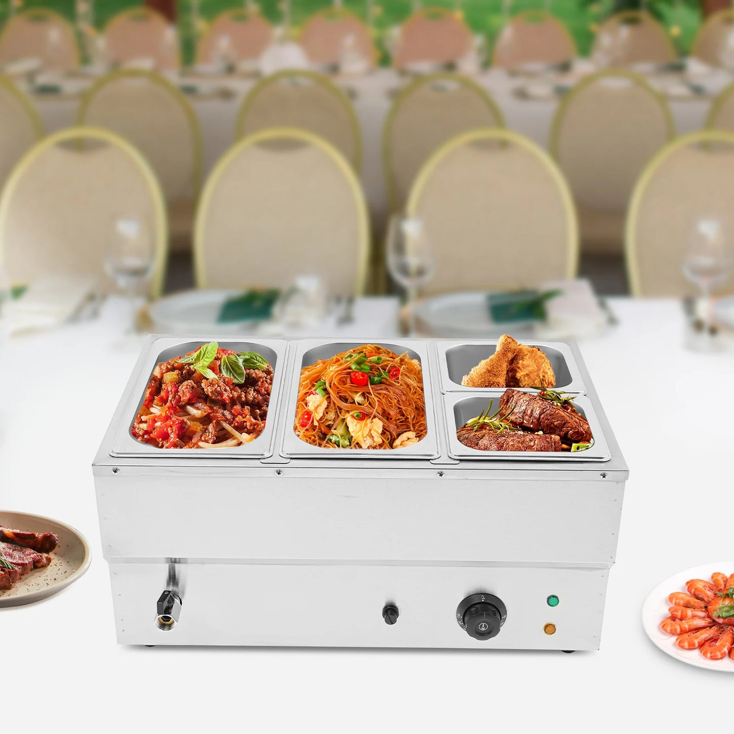 Electric 4-pan Food Warmer Commercial Stainless Steel Buffet Server Adjustable
