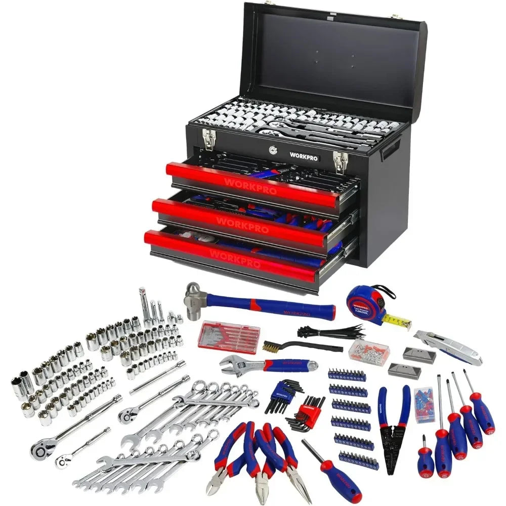 WORKPRO 408-Piece Mechanics Tool Set, Home Repair Tool Kit with 3-Drawer Heavy Duty Metal Box,