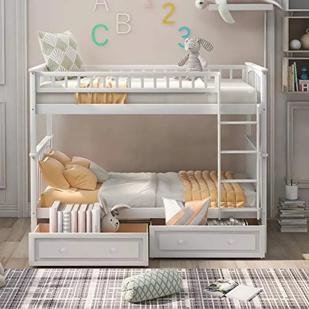 Wood Twin Daybeds/Under-Bed Storage Drawer & Ladder Modern Pine Bunk Bed Kids Sturdy (White)