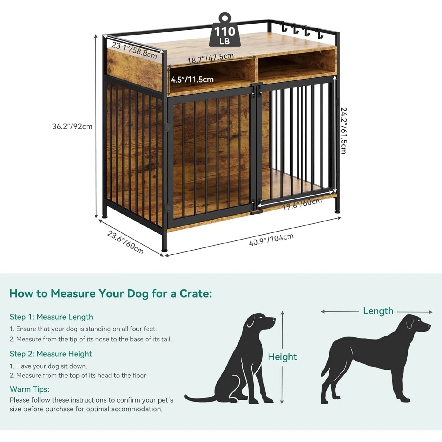 US Large  Crate, 41" Heavy Duty Dog Kennel with 2 Drawers End Table, Wooden Cage