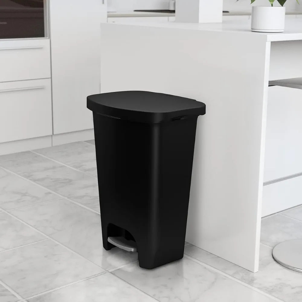 13 Gallon Trash Can | Plastic Kitchen Waste Bin | Hands Free Foot Pedal and Garbage Bag