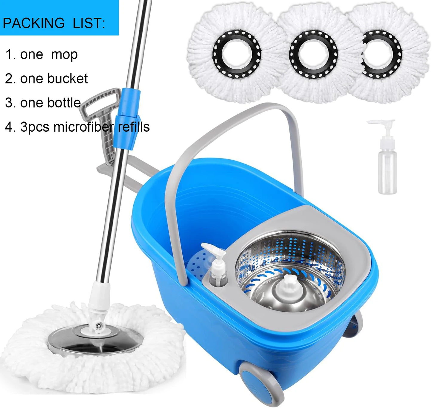 Blue Spin Mop Bucket Sets 360° Spinning Cleaning Tools w/3 Microfiber Replacement Heads, 61" Handle