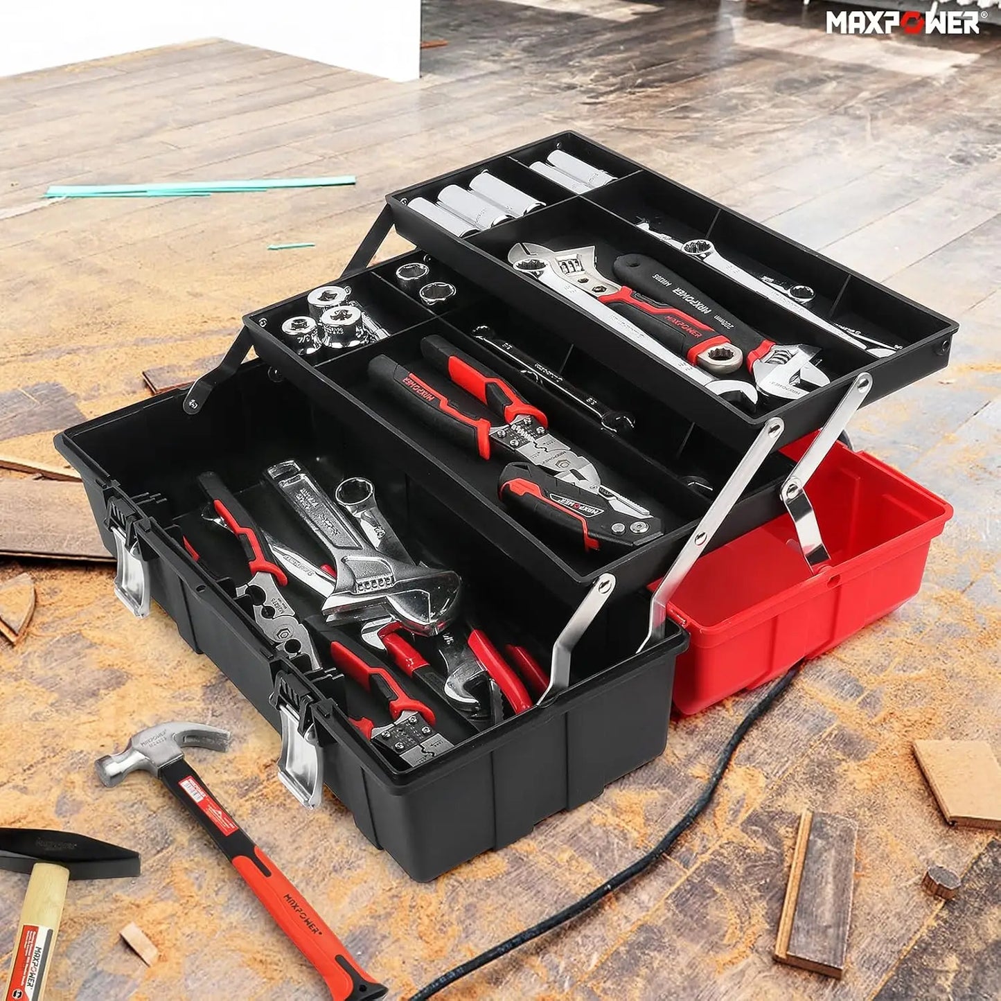 16-Inch Tool Box, Three-Layer Folding Storage Toolbox, Multi-Function Organizer w/Tray and Dividers