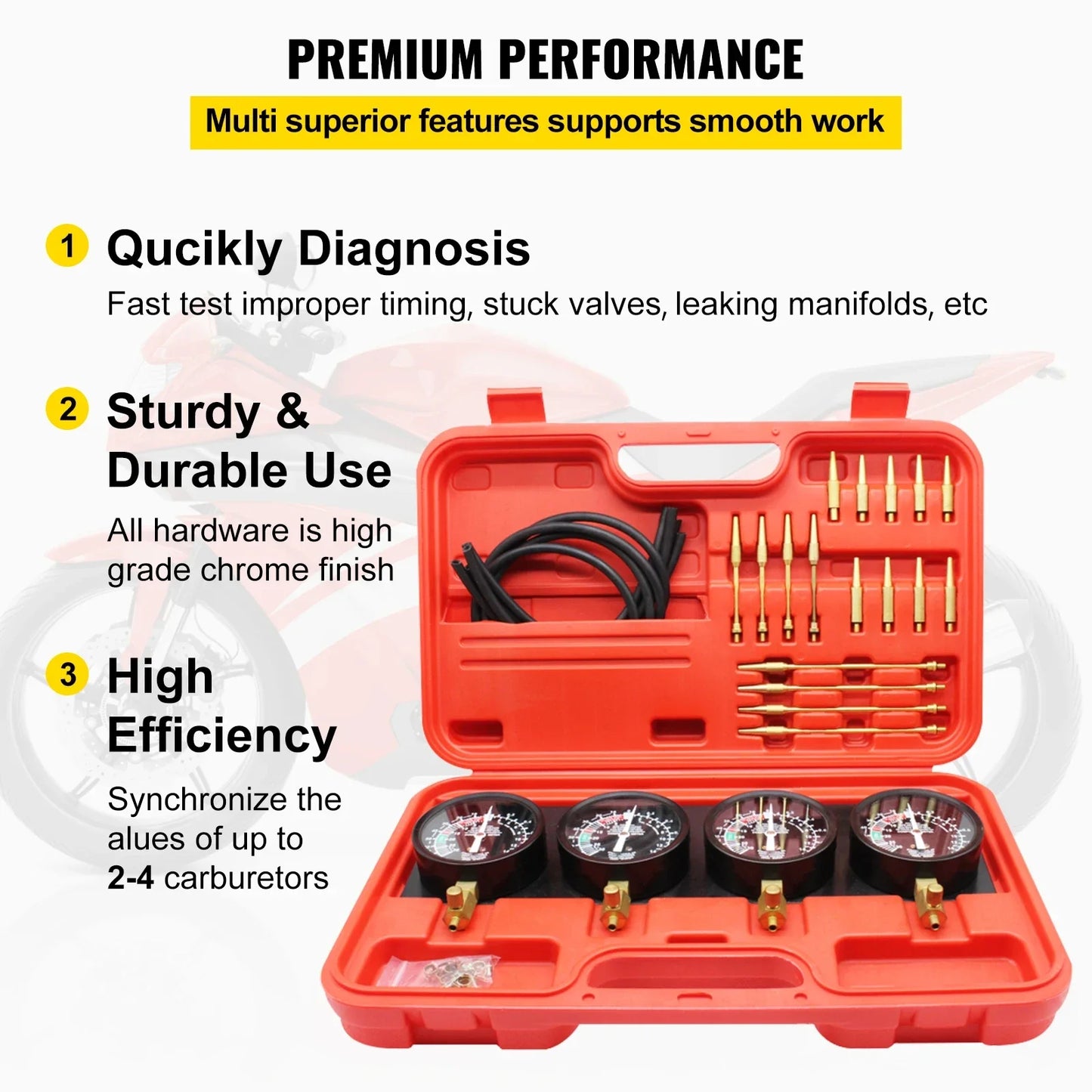 Vevor Fuel Vacuum Carburetor Synchronizer Tools/4 Gauge Set/Rubber Hose/Vacuum/Kit For Motorcycle