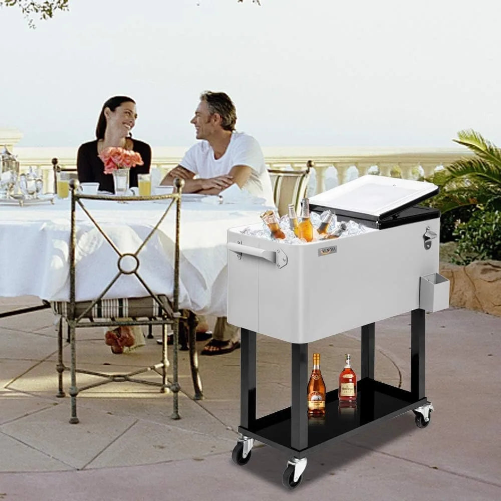 VINGLI Grey 80 Quart Rolling Ice Chest,Portable Patio Party Bar Drink Cooler Cart, w/Shelf