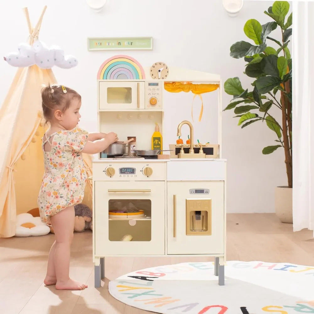 Modern Style Play Kitchen Wooden Toy/Microwave Play Sink Ice Maker Oven Cookware Accessories Playset