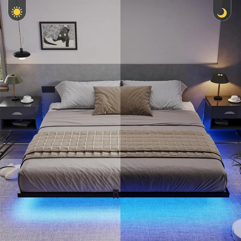 Floating Bed Frame with LED Lights, Metal Platform Full Bed, No Box Spring Needed