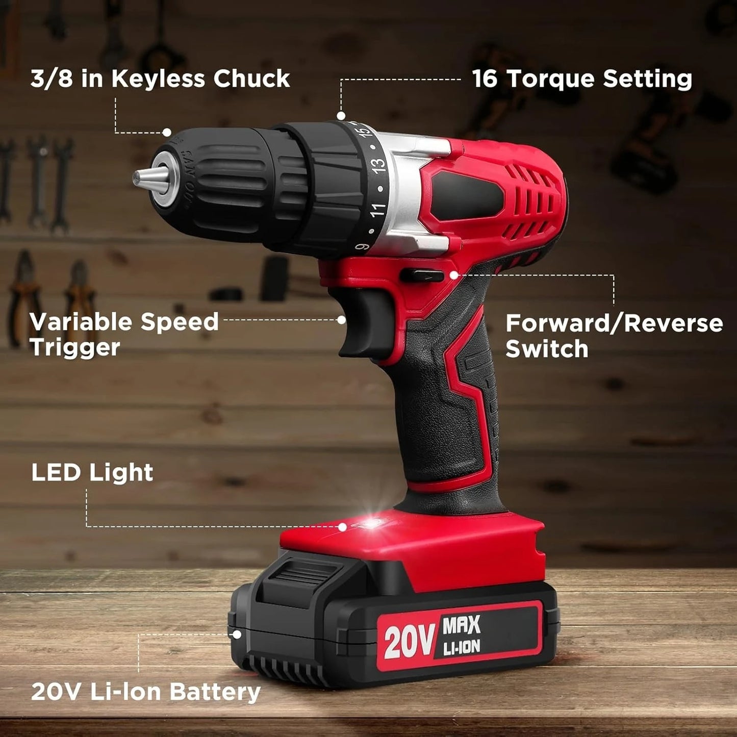 20V MAX Lithium ion Cordless Drill Set, Power Drill Kit w/Battery & Charger, 3/8-Inch Keyless Chuck