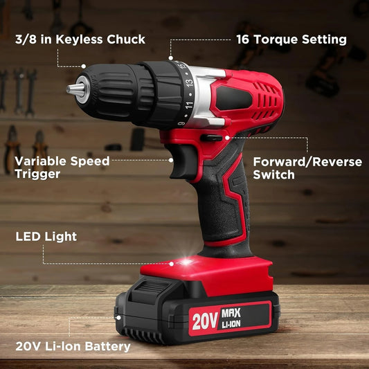 20V MAX Lithium ion Cordless Drill Set, Power Drill Kit w/Battery & Charger, 3/8-Inch Keyless Chuck