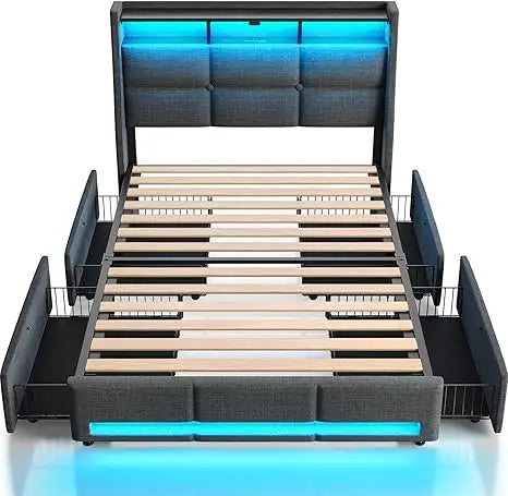 Rolanstar Twin/Full/Queen Frame LED Lights & Charging Station, PU Leather/Storage/Headboard/Drawers