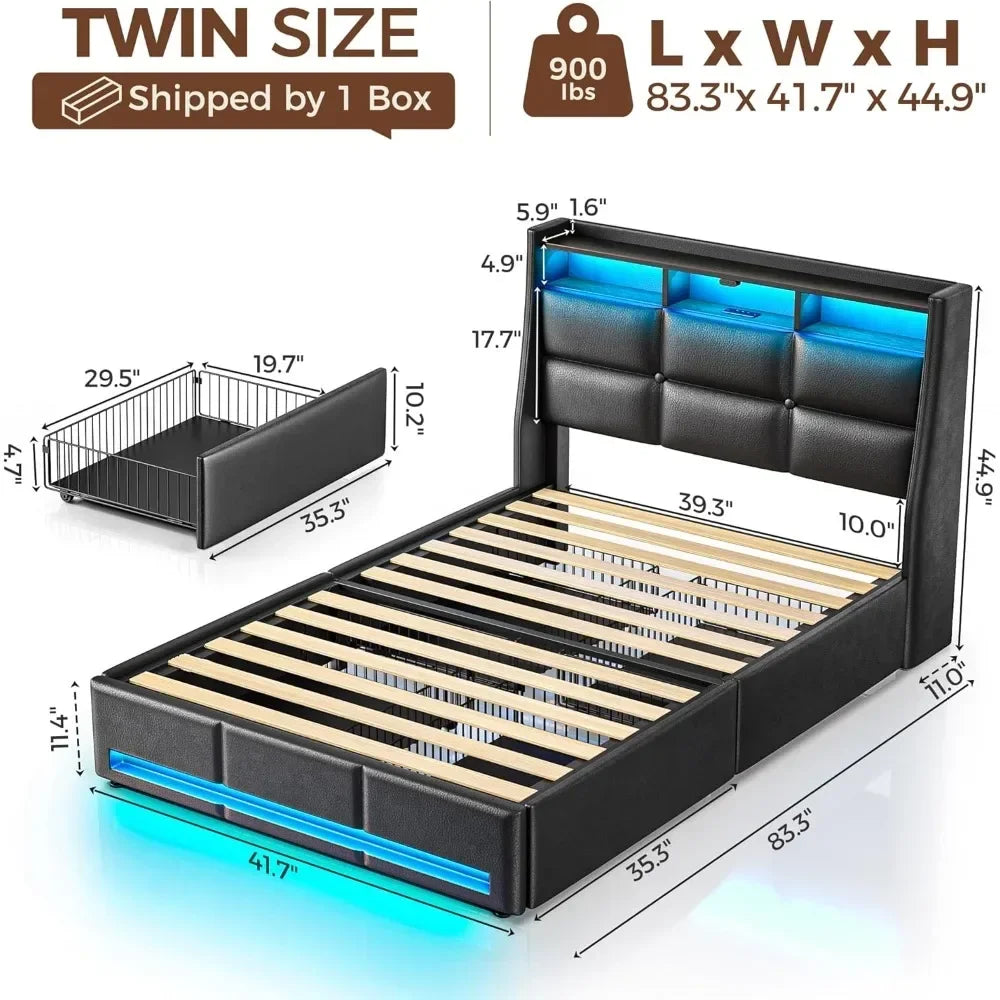 Rolanstar Twin/Full/Queen Frame LED Lights & Charging Station, PU Leather/Storage/Headboard/Drawers