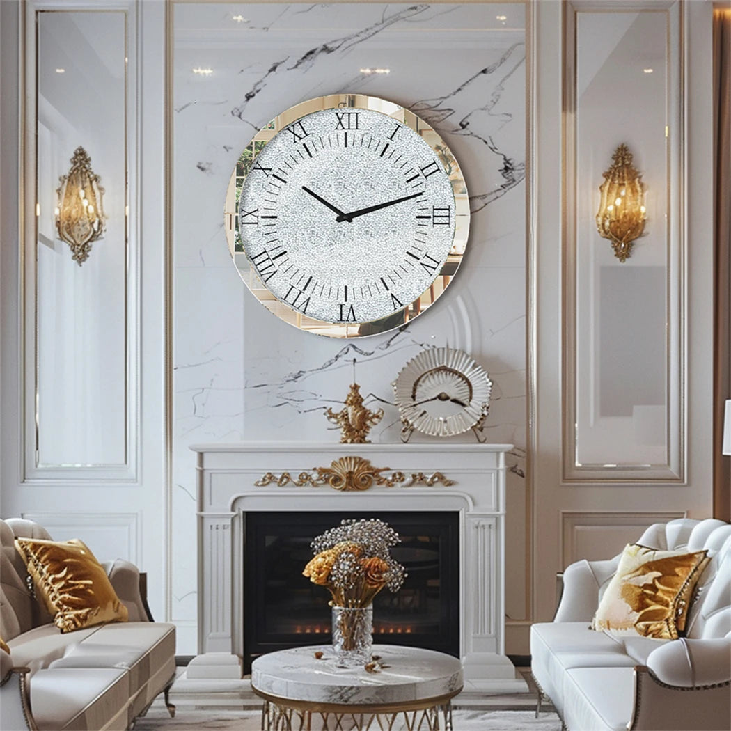 60 CM Crushed Diamond Wall Clock Roman Numerals Clock Quartz with Crystal Diamond Edge