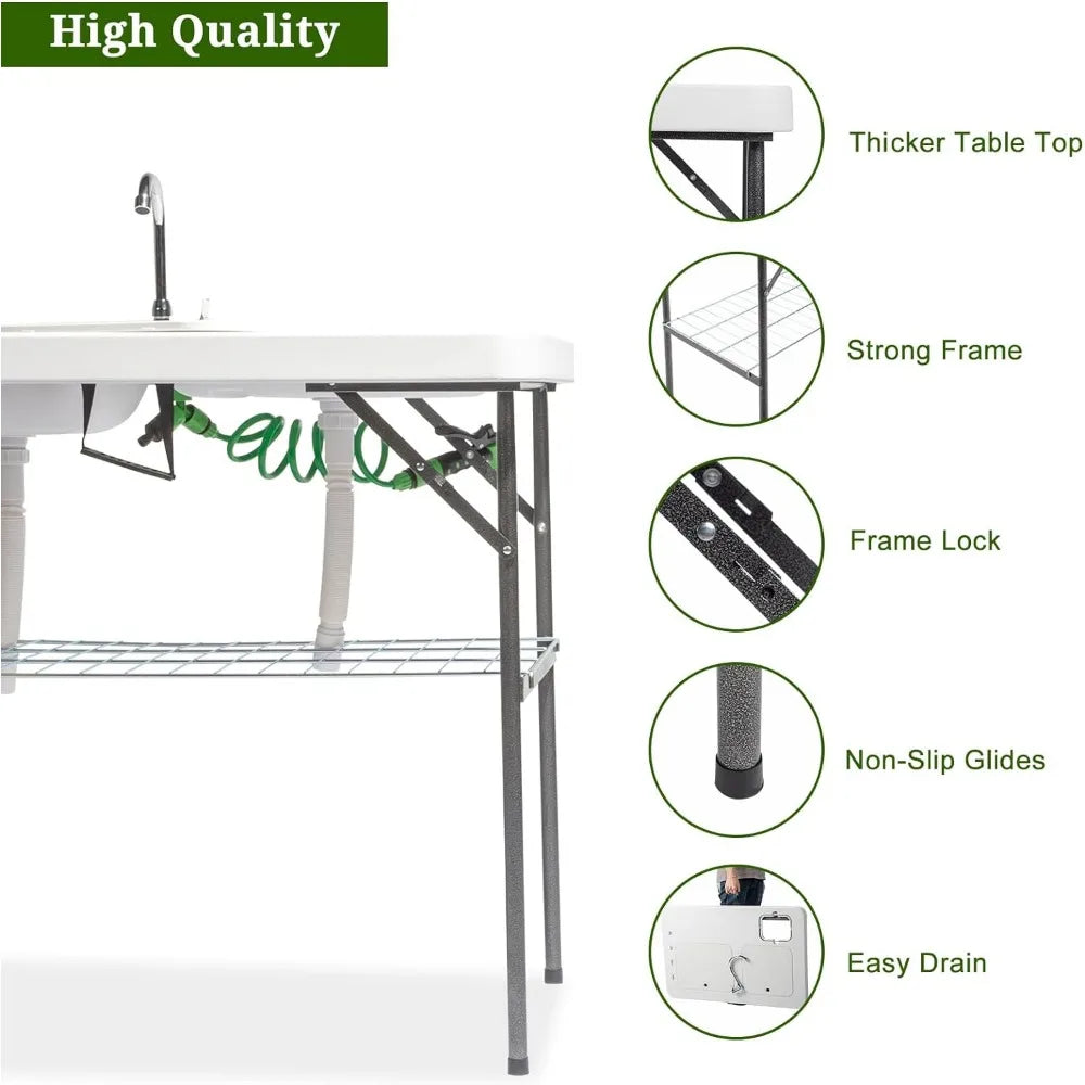 Folding Fish Cleaning Table with Sink, Portable Camping Sink Table with Grid Rack & Sprayer