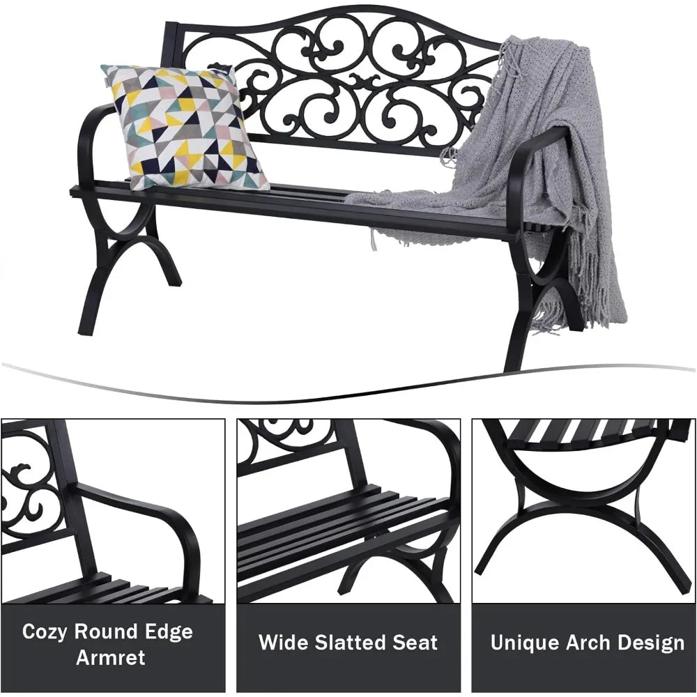 50 Inches Outdoor Garden Bench,Cast Iron Metal Frame Patio Park Bench/Floral Pattern Backrest