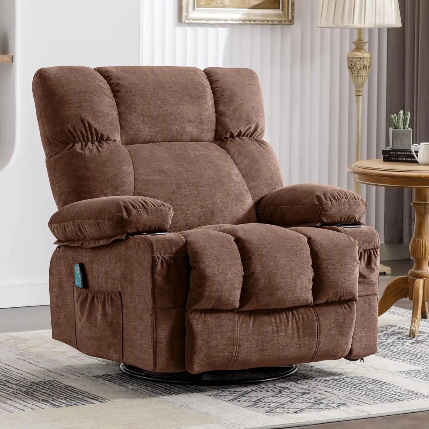 Recliner Chair with Vibration Massage & Lumbar Heating, 360° Swivel Oversized Rocker Recliner /USB