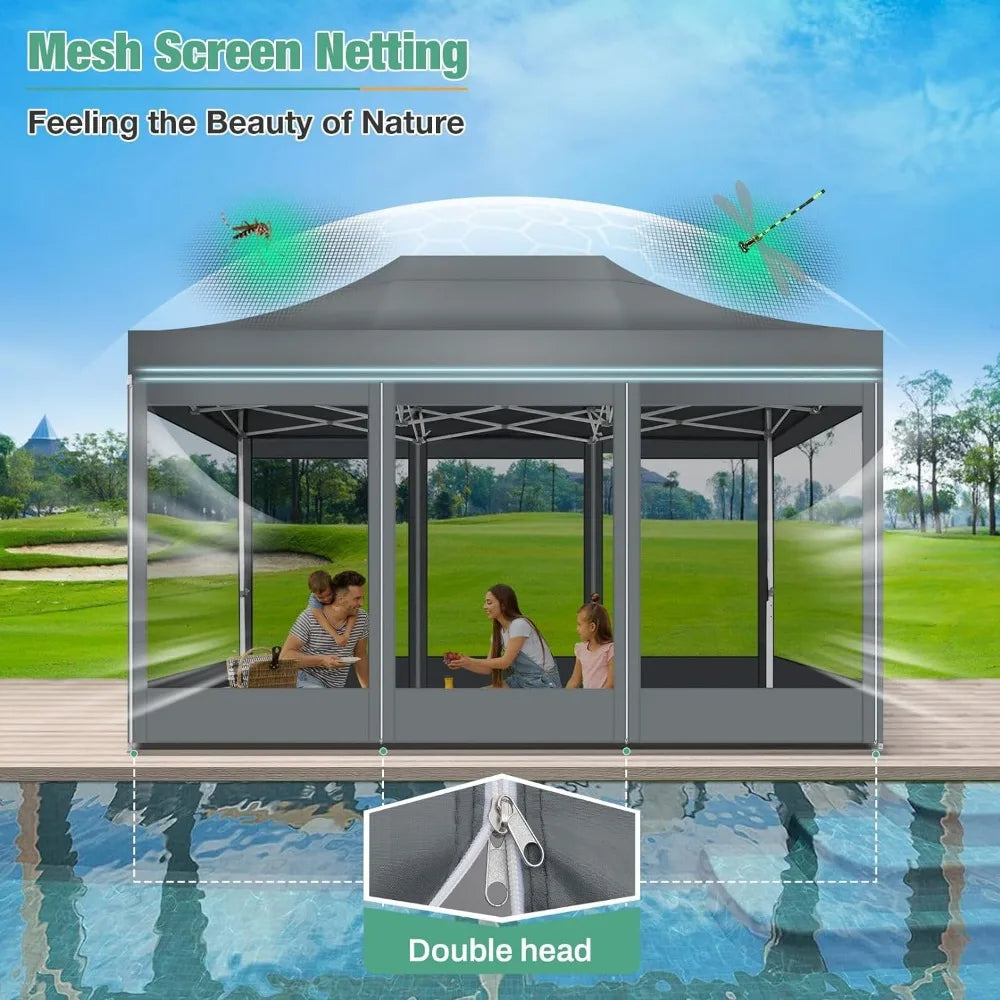 Canopy Tent 10x15 Heavy-Duty, Pop-Up Gazebo with Mosquito Netting, Waterproof Canopy with Sidewalls