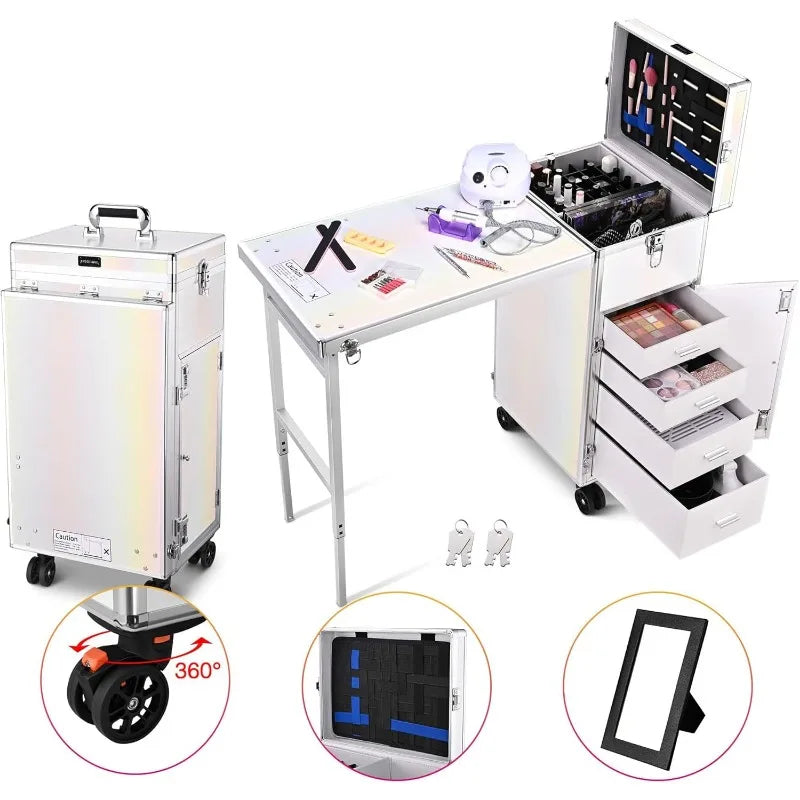 Rolling Manicure Table Foldable Nail Table Makeup Train Case with Desk Cosmetic Trolley