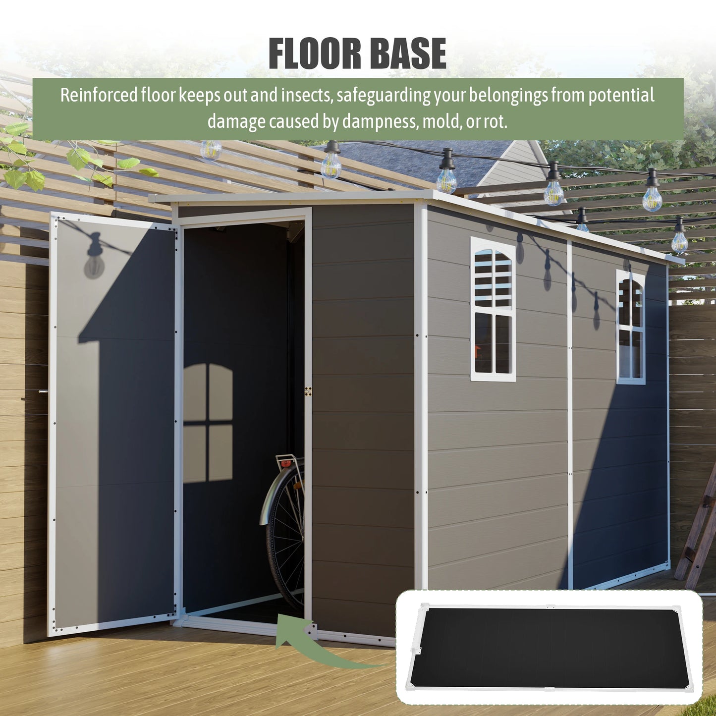 4x10 FT Gray Plastic Outdoor Storage Shed Metal Roof Two Clear Windows for Bicycles Trash Bins