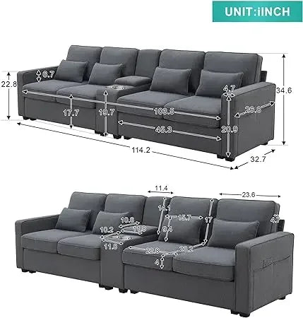 104" Linen Fabric Sofa with Armrest Pockets and 4 Pillows, Minimalist Style 4-Seater Couch