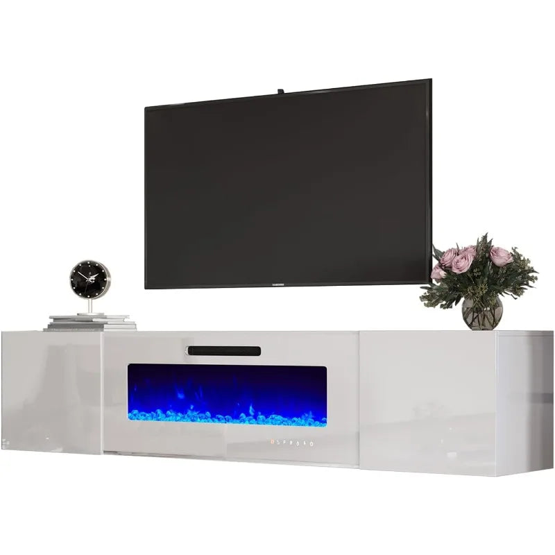 Floating TV Stand w/ 36" Electric Fireplace,High Gloss Finish Wall Mounted Entertainment Center