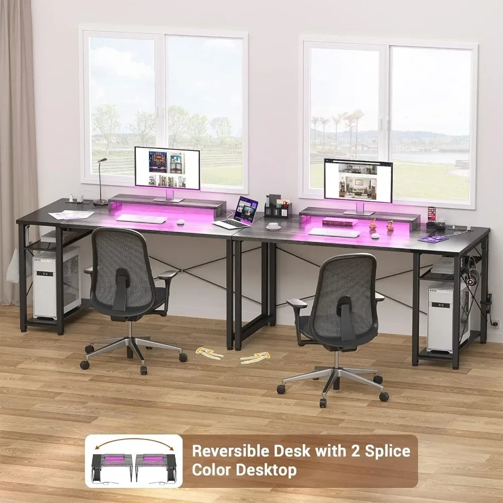 Computer Desk w/ LED Lights, 47 Gaming Desk w/ Power Outlet and USB, Reversible Laptop Table