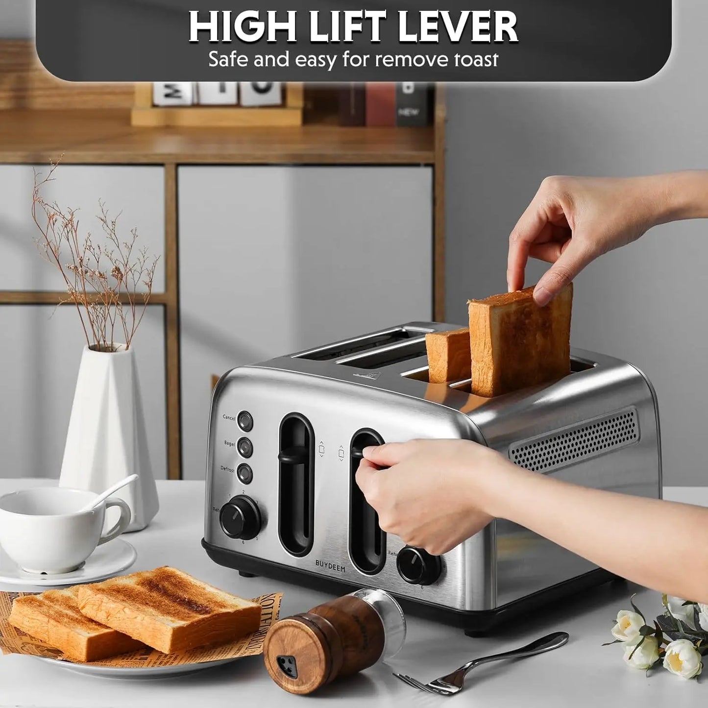 DT440 4 Slice Toaster, Stainless Steel Toaster with Extra Wide Slots for Bagels, Muffins, Lift Lever