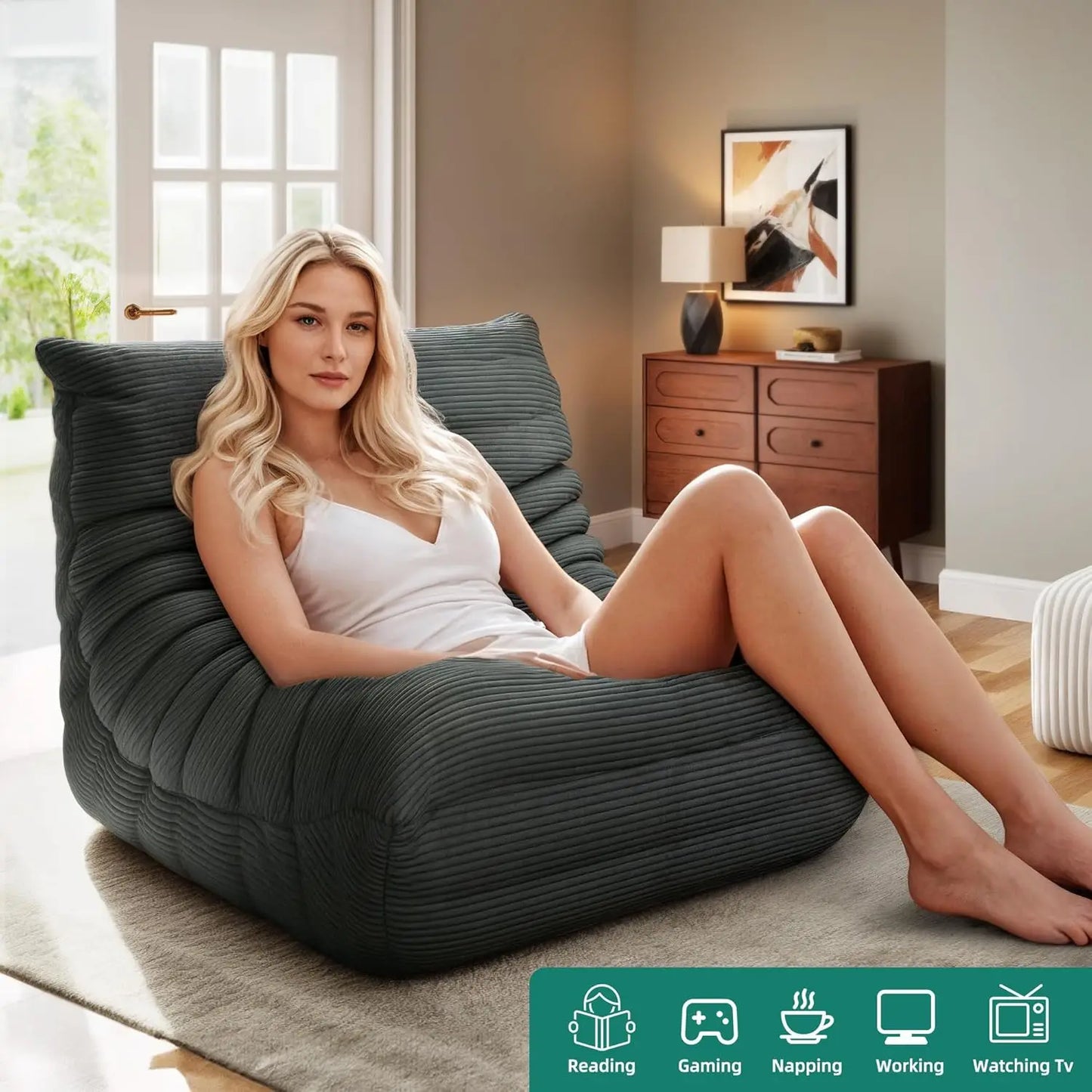 Bean Bag Chairs for Adults, Giant Lazy Floor Sofa with Memory Foam, Comfy Corduroy Fireside Chair