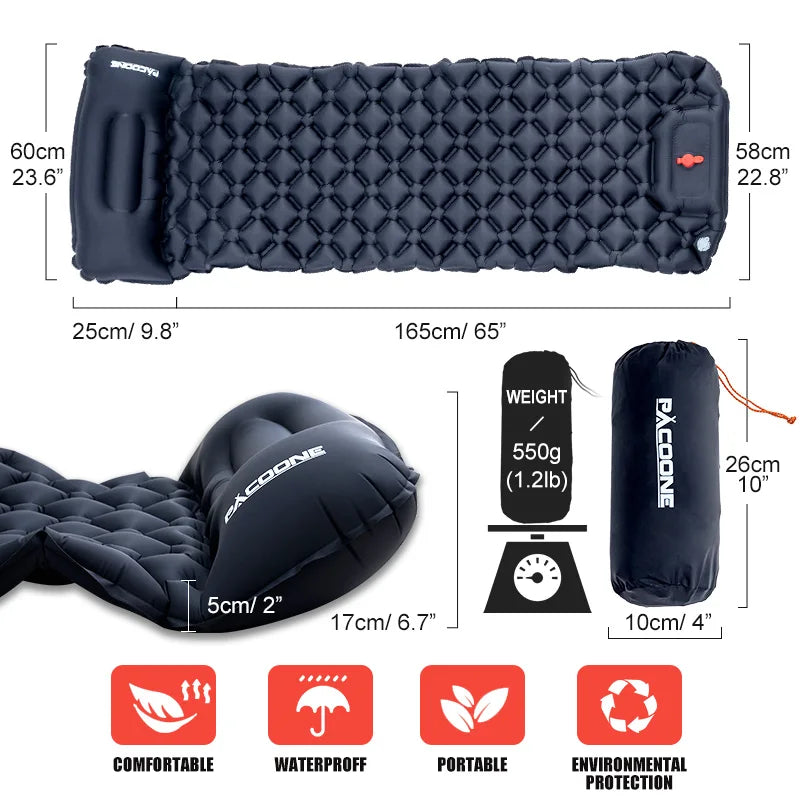 PACOONE Camping Inflatable Mattress Built-in Pump Ultralight Air Cushion Travel Mat With Headrest