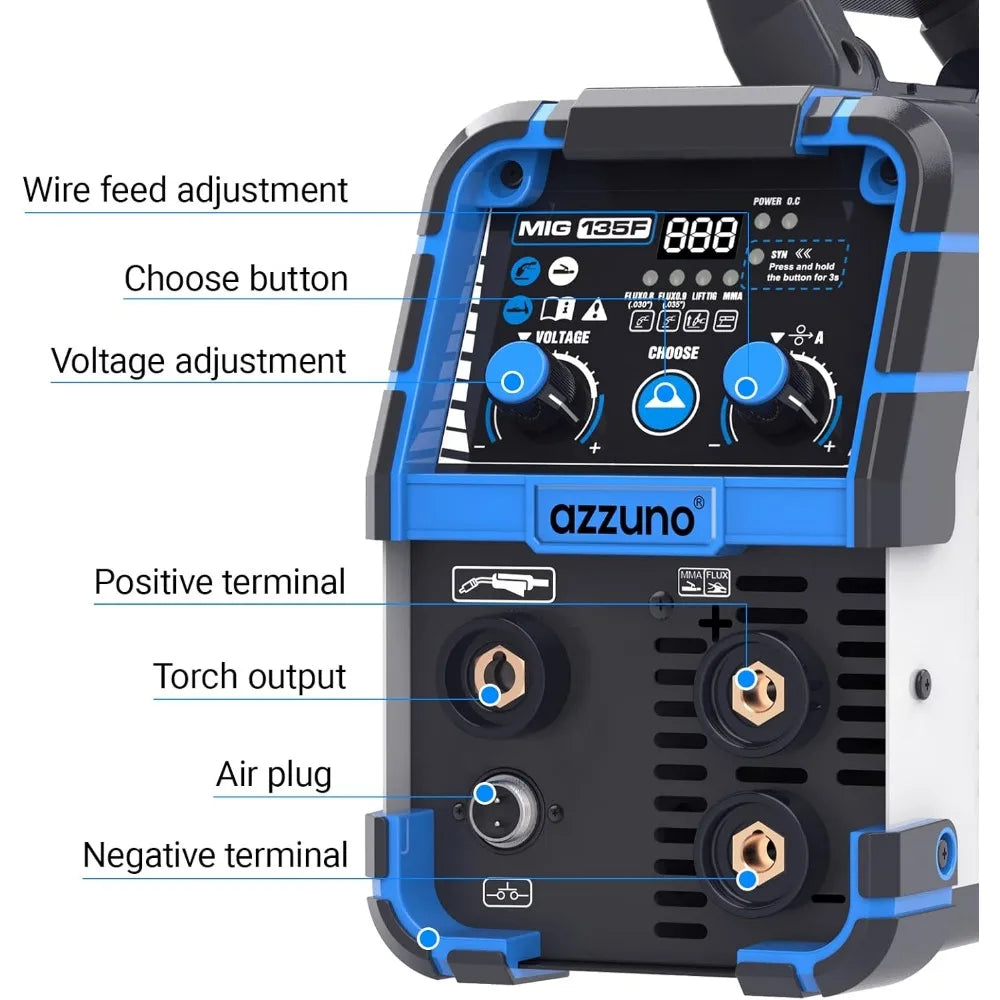 AZZUNO 135 Amp MIG Welder, 3 in 1 Multiprocess Welder 110V Flux Core Welder Flux MIG/Lift TIG/Stick