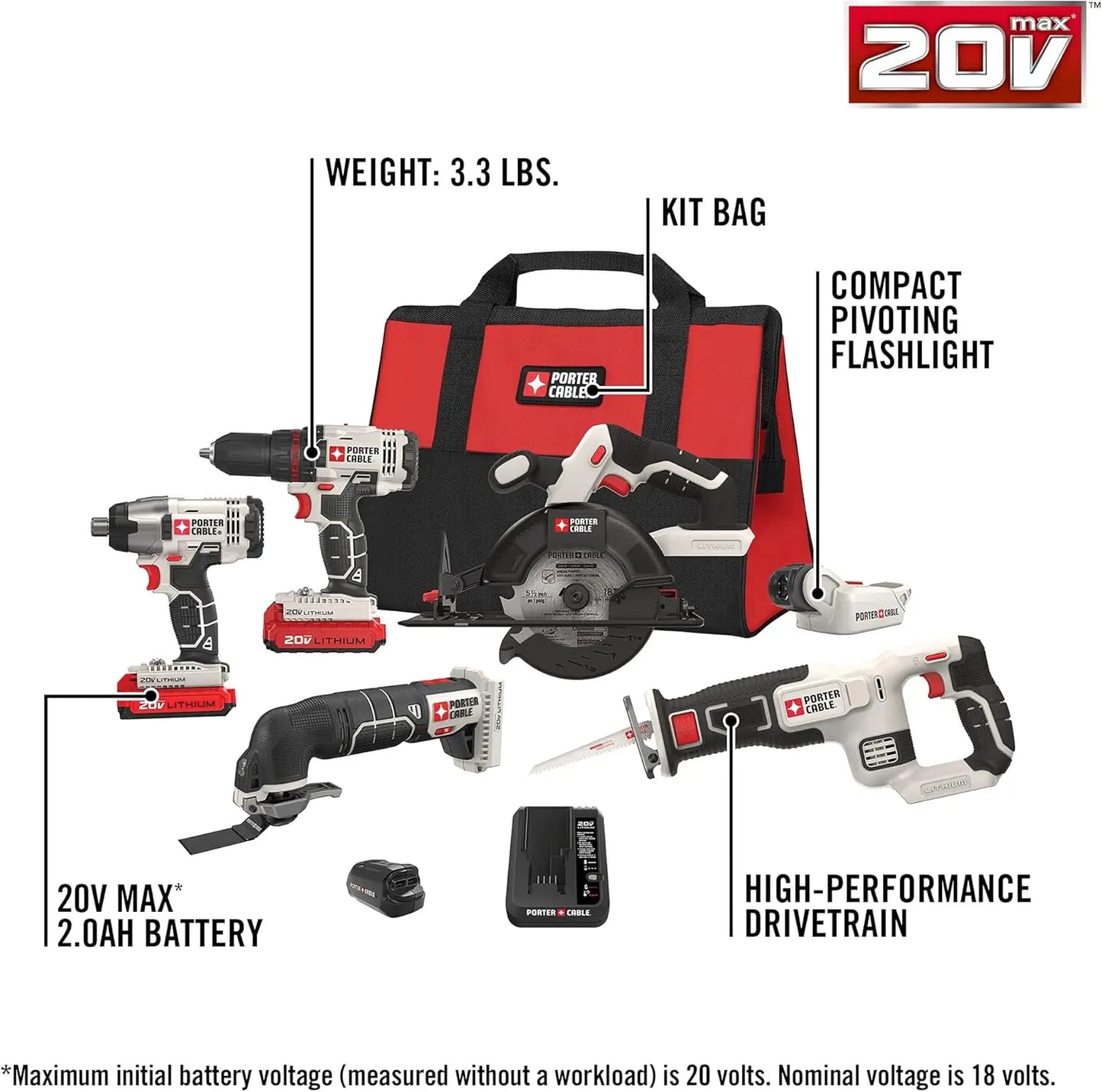 PORTER CABLE PCCK617L6 20V MAX* Lithium Ion 6-Tool Combo Kit with Free USB Device