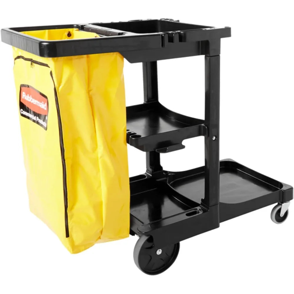 Rubbermaid Commercial Traditional Janitorial 3-Shelf Cleaning Cart, Wheeled/Zipper Yellow Vinyl Bag
