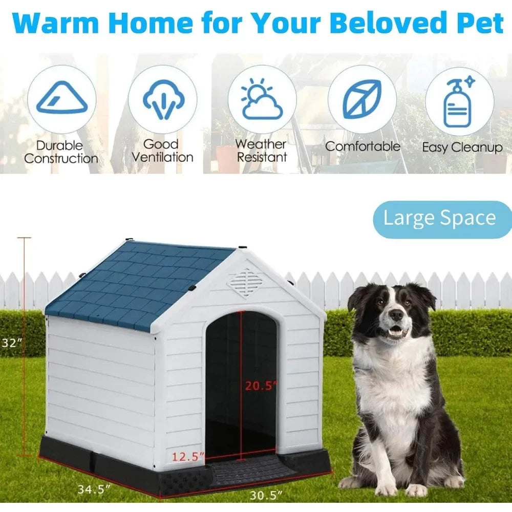 Big Dog House, Durable Waterproof Plastic Dog Kennel, Elevated Floor & Base Support Pet Winter House