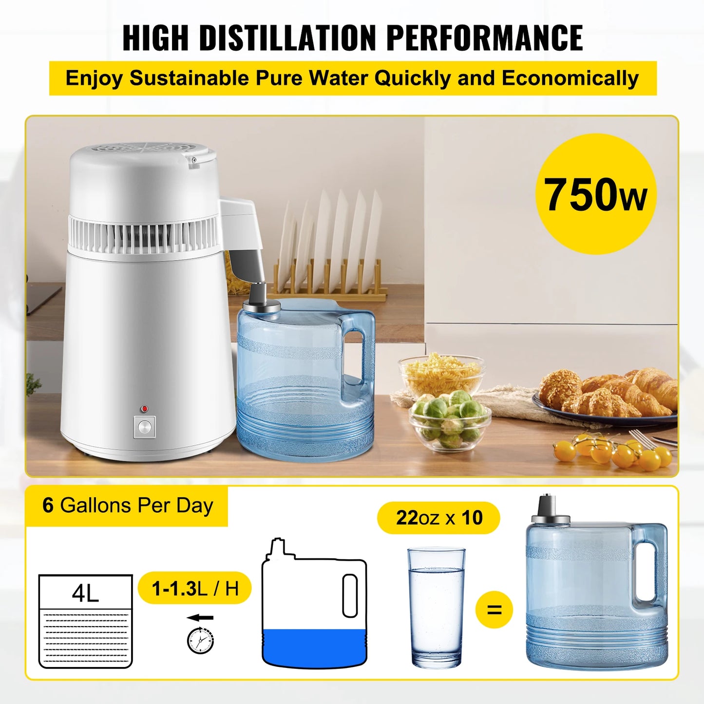 VEVOR 4L Water Distiller Purifier Dispenser Heating Drinking Bottle Softener 304 Stainless Steel