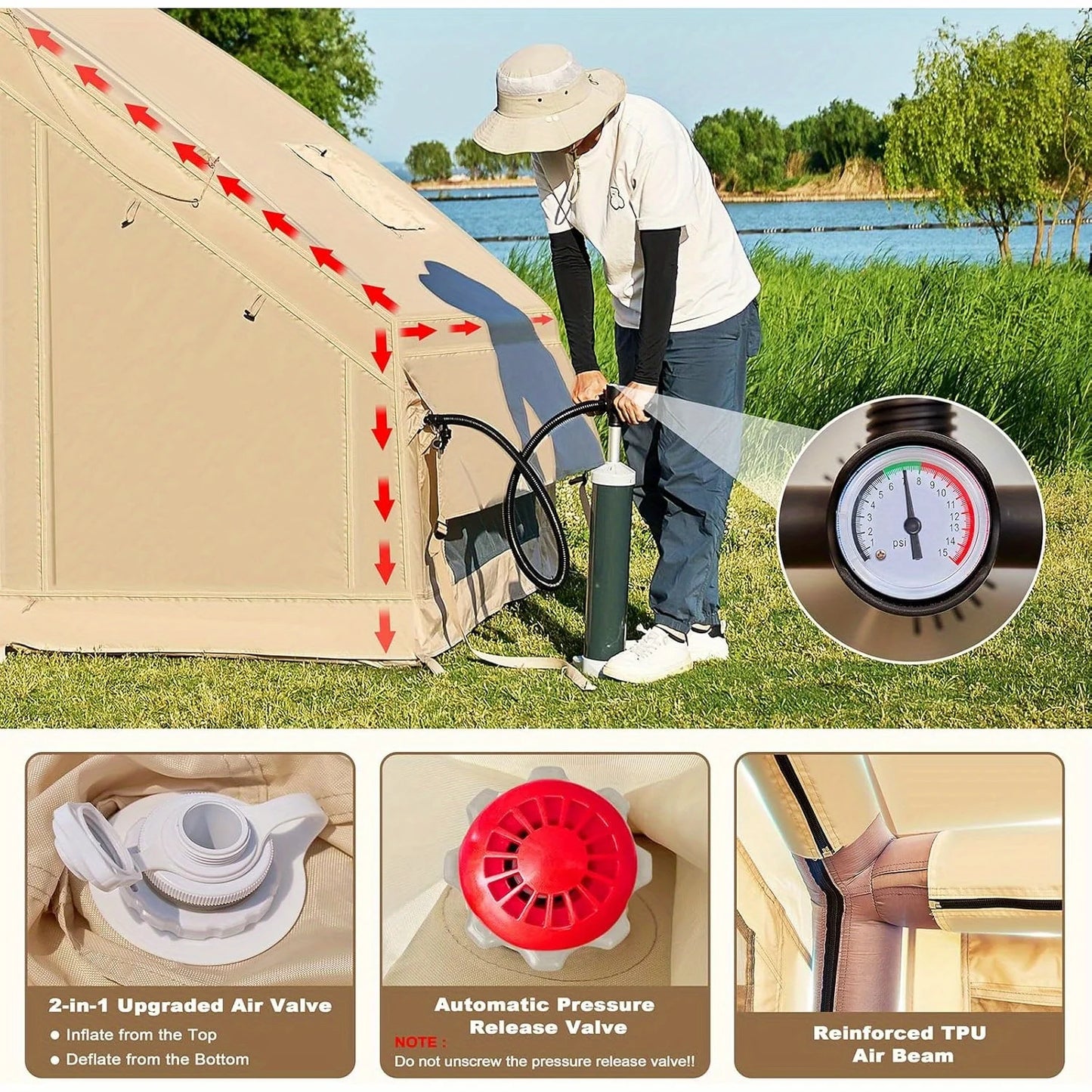 Inflatable tent camping for 1-6 people, hand pump inflation tent, w/skylight and chimney waterproof