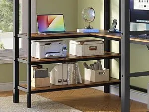 Loft Bed Twin Size, L-Shaped Desk Charging Station and LED Lights, 4-Tier Bookshelf and 3 Drawers