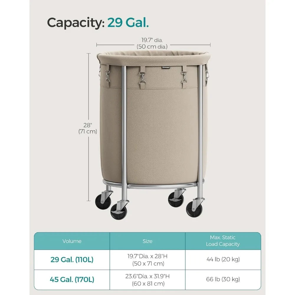 SONGMICS Laundry Basket with Wheels, Rolling Laundry Hamper, 29 Gal w/ Steel Frame and Removable Bag