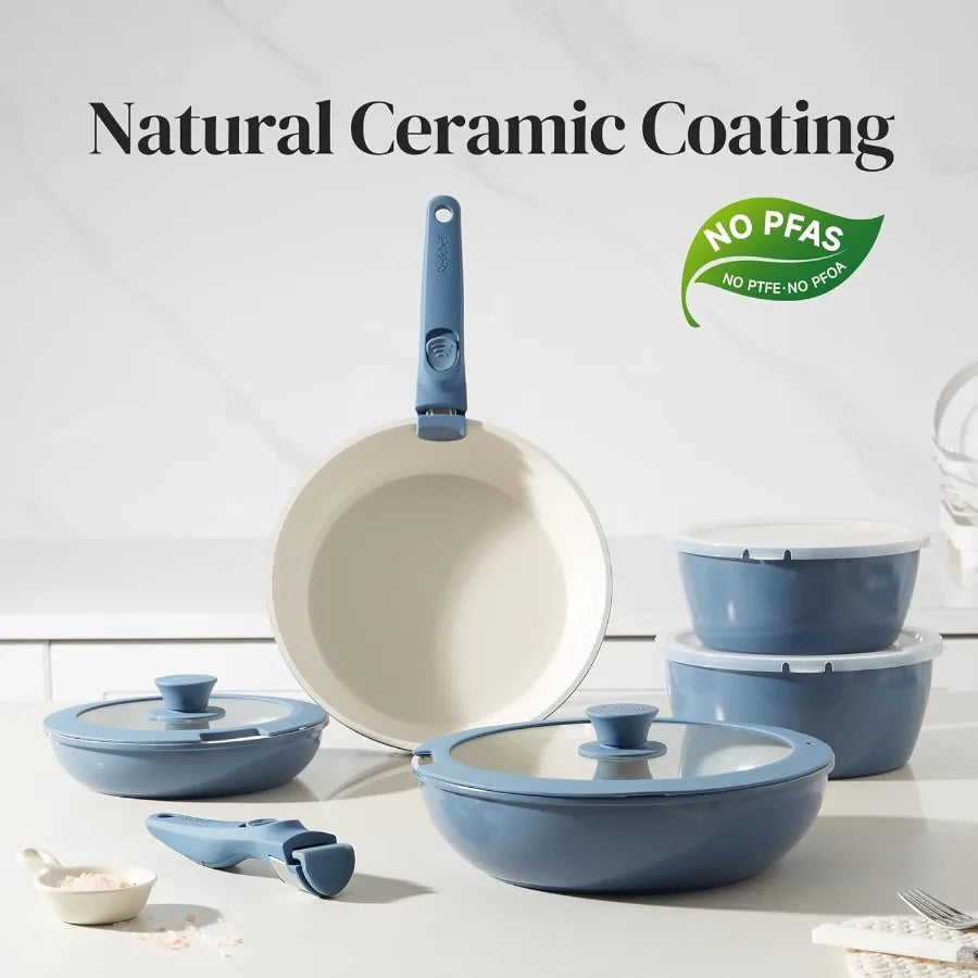 16pcs Ceramic Nonstick Pots and Pans Set Kitchen Cookware Set with Removable Handle