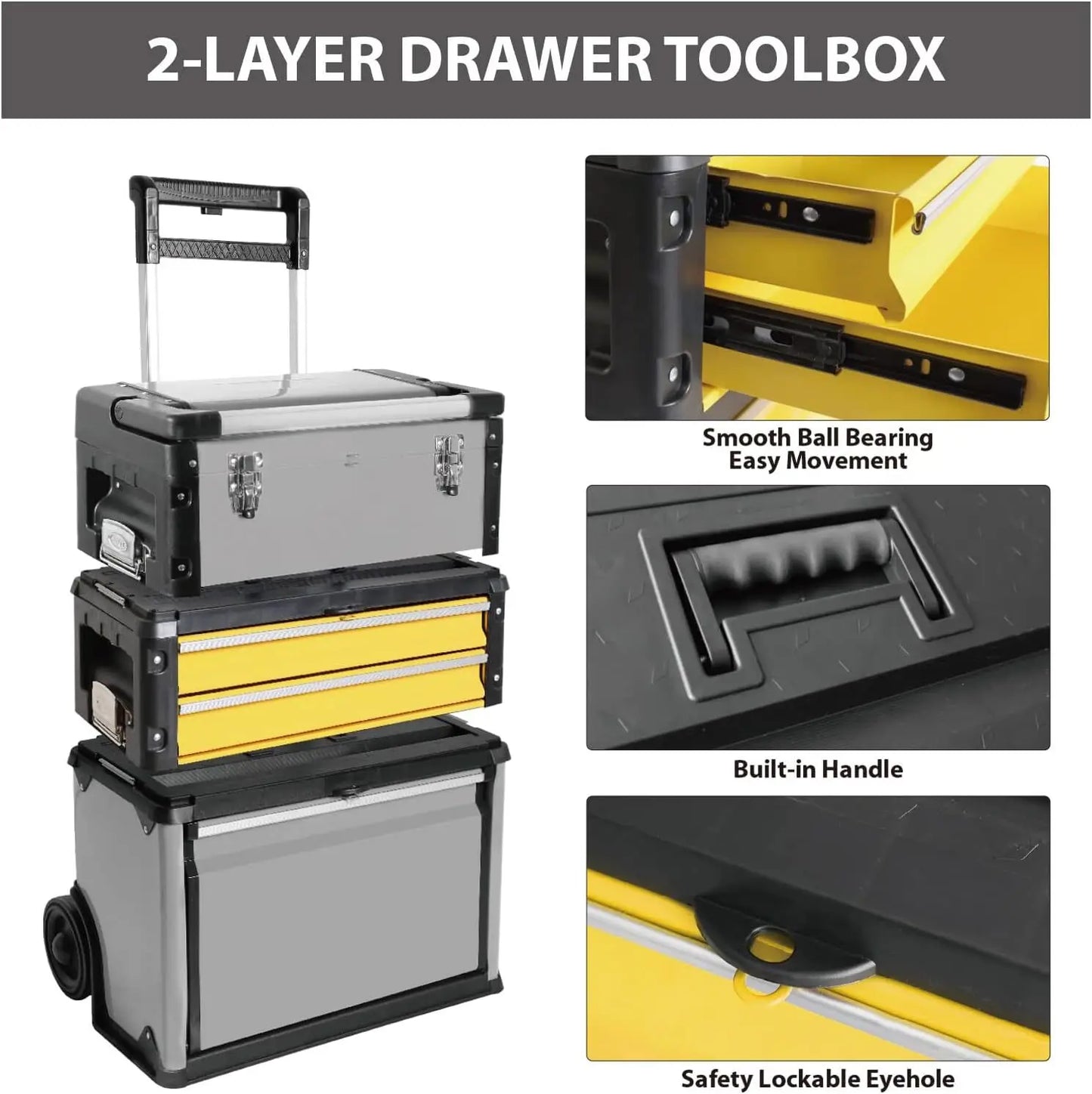 BIG RED Stackable Portable Metal Tool box Organizer w/Wheels and 2 Drawers, Rolling Tool Chest