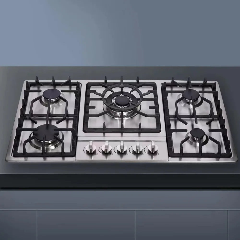 34 Inch Cooktop Stainless Steel Built-in 5 Burners Stovetop LPG/NG Convertible Gas Stove Top Dual Fuel