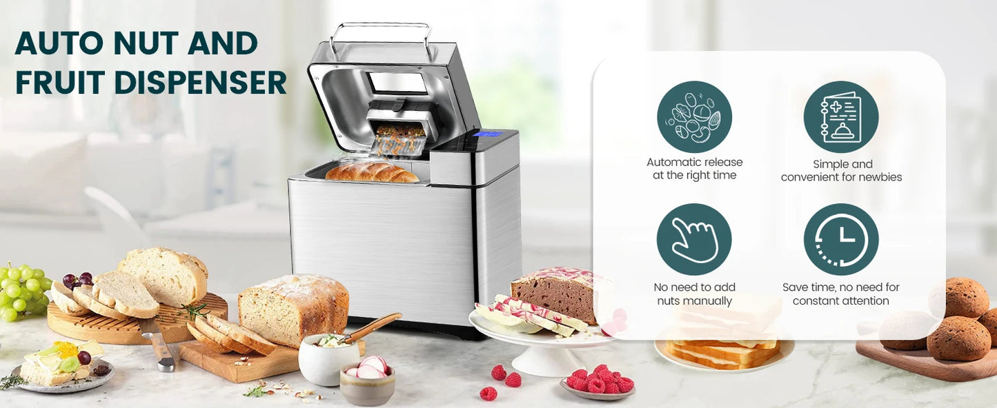 Stainless Steel Bread Machine, 2LB 17-in-1 Programmable XL Bread Maker with Fruit Nut Dispenser