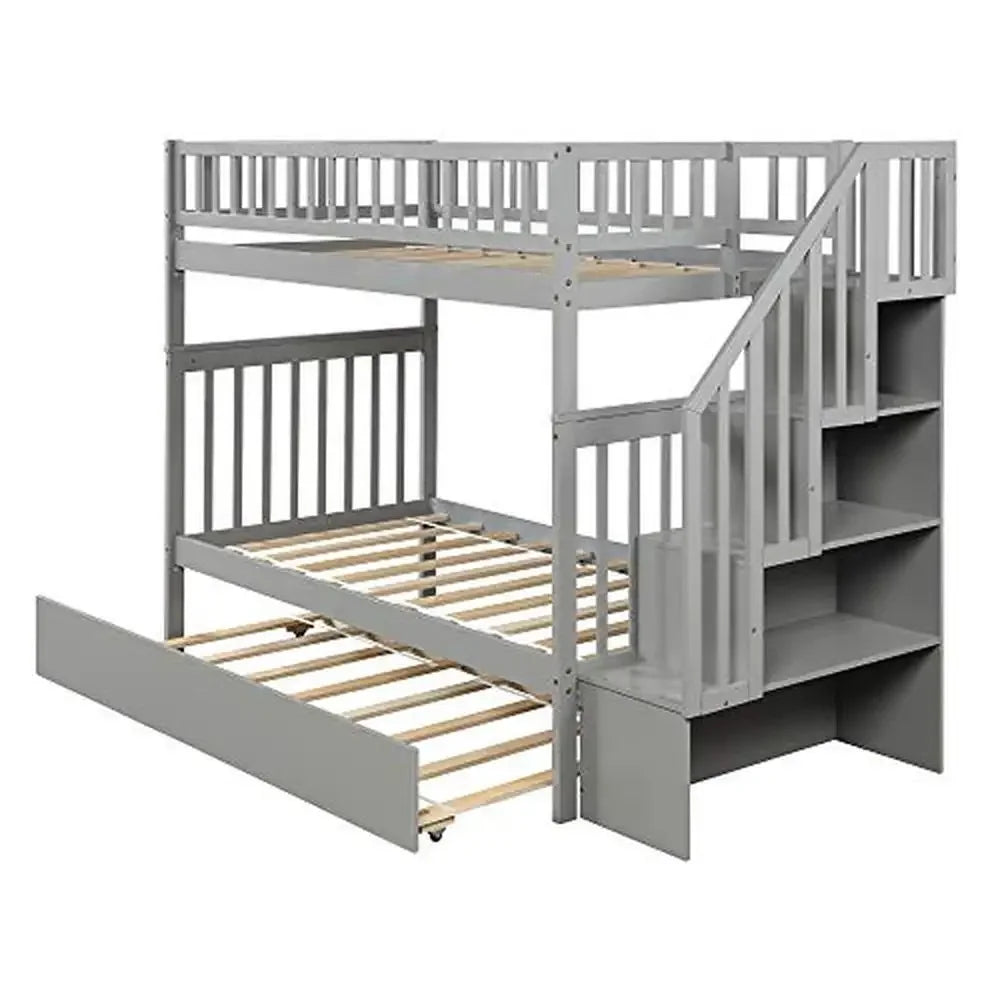 Modern Twin Bunk Bed with Trundle Storage Staircase & Guardrail Grey Solid Wood Design Sturdy