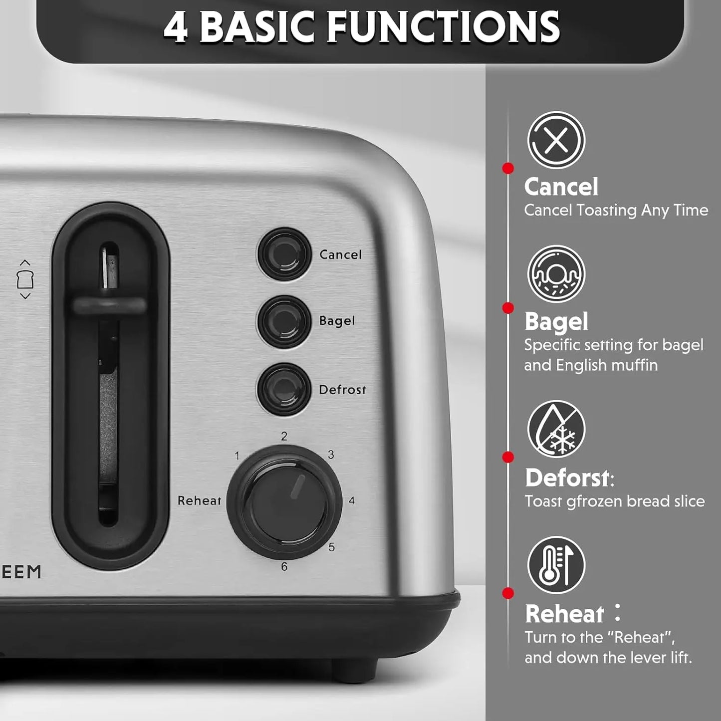 DT440 4 Slice Toaster, Stainless Steel Toaster with Extra Wide Slots for Bagels, Muffins, Lift Lever