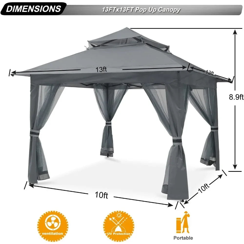 Pop Up Gazebo 13x13 - Outdoor Canopy Tent with Mosquito Netting for Patio Garden Backyard(Gray)