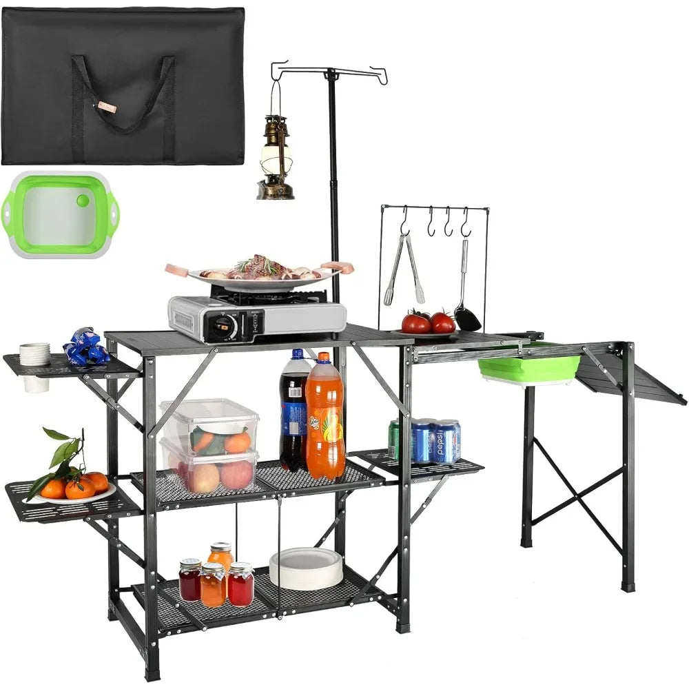 Camping Kitchen Table with Sink, Aluminum Folding Portable Outdoor Cook Station, 2 Shelves/Bag