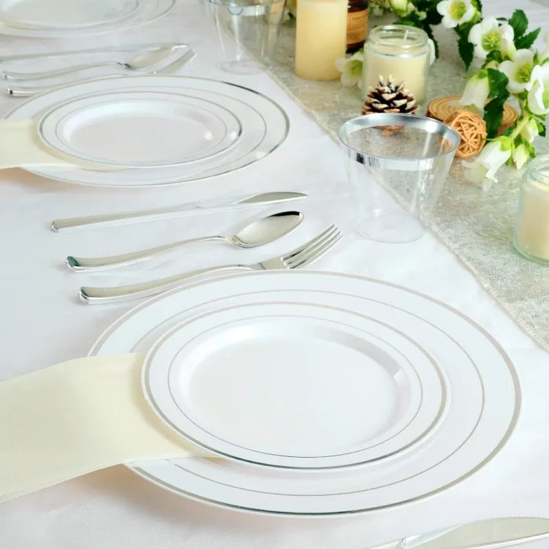 600pcs Dinnerware Set for 100 Guests, Silver Rimmed Plastic Plates Disposable, Dinner Plates, Dessert Plates, Cups