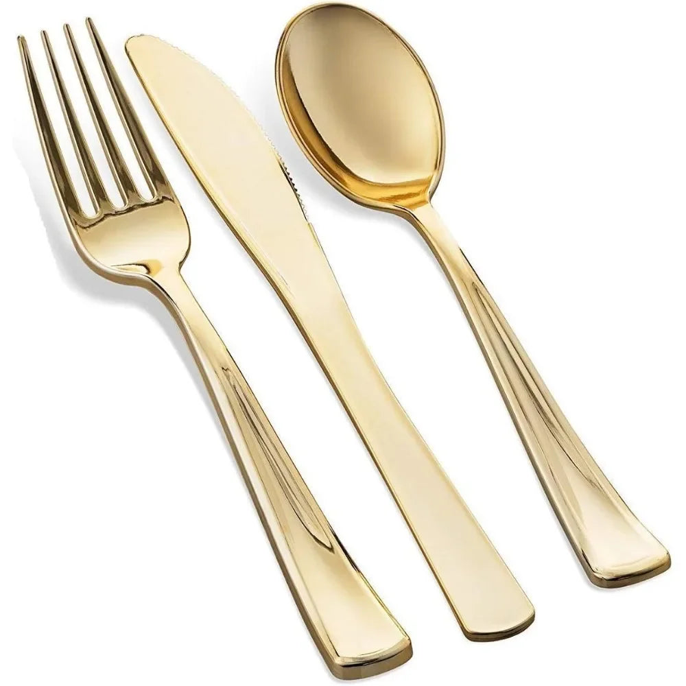 700 Piece Golds Dinnerware Set - 200 Gold Rim Plates - 300 Golds Silverware - 100 Gold Plastic Cups