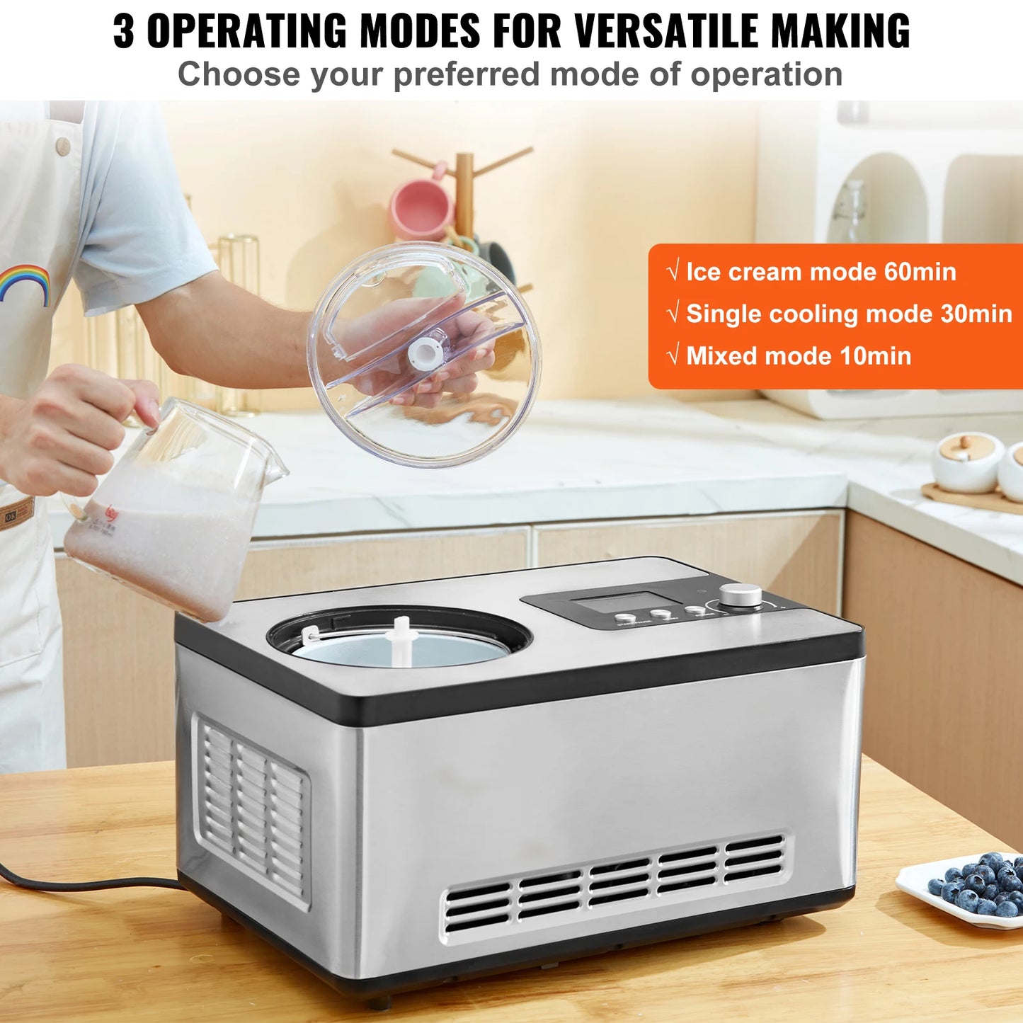 SucceBuy Automatic Ice Cream Maker with Built-in Compressor 2 Quart No Pre-freezing Fruit Yogurt