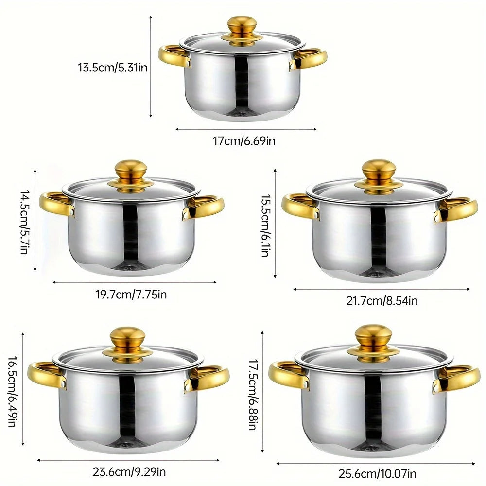 5-Piece Golden Stainless Steel Cookware Set - Durable, Multi-Purpose, Easy to Clean, Non-Stick