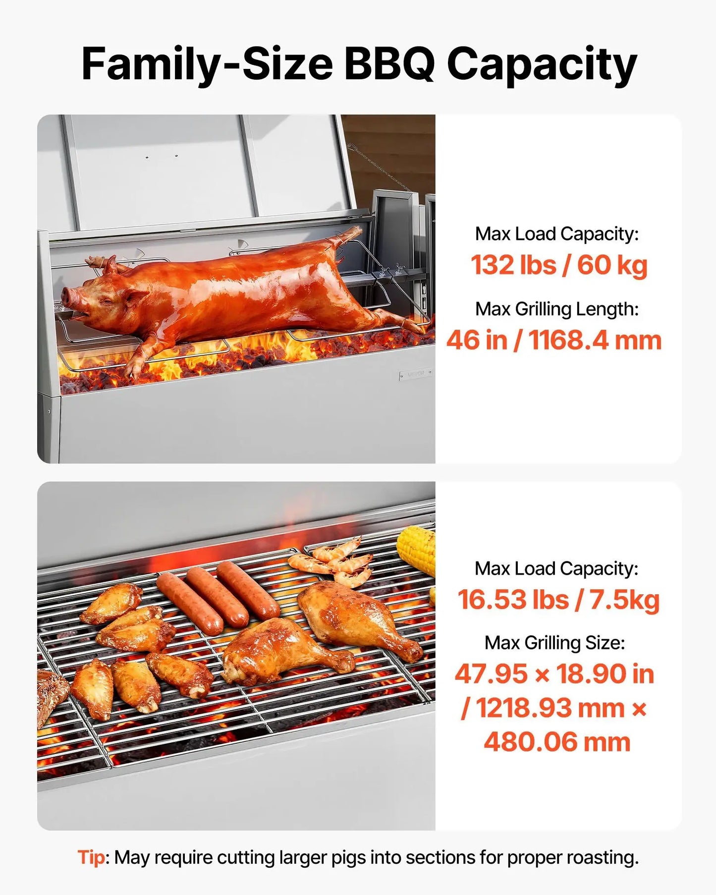VEVOR Rotisserie Grill, 38W BBQ Pig & Lamb Spit Roaster, Charcoal Spit Roaster/132 LBS/4-Level Height